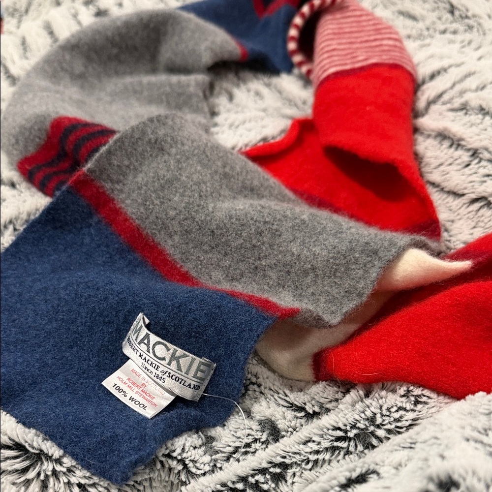 Mackie by Robert Mackie of Scotland Women's Wool Scarf - Red,Gray,Blue 100% wool